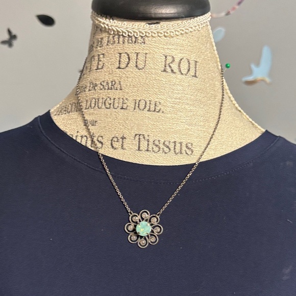 Sabika Silver Necklace with Blue Floral Pendant - Picture 1 of 3